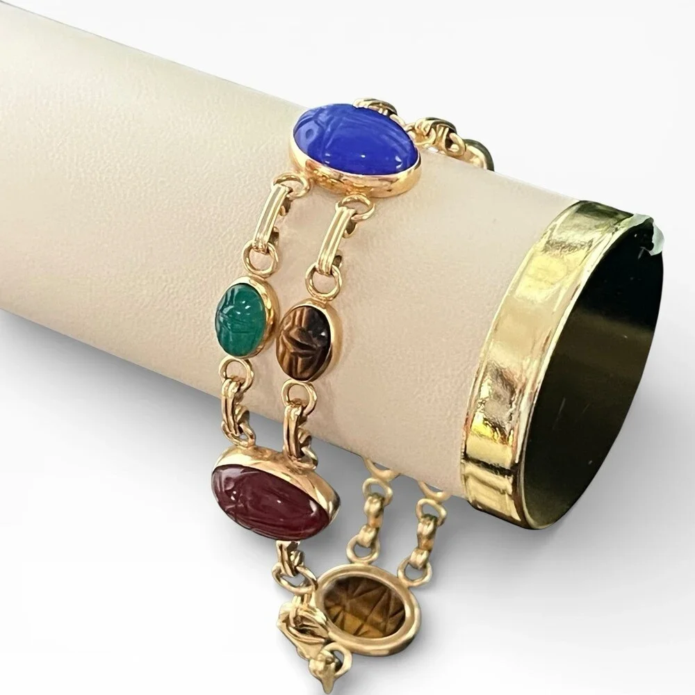 Vintage Carla 14k Yellow Gold Two Strands Multi Gemstone 10 Scarab Bracelet 7